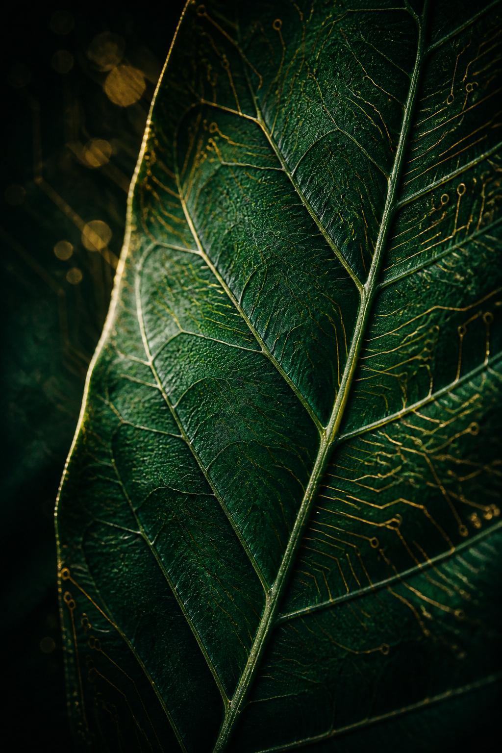 Macro of a leaf vein structure with gold circuit-like lines
